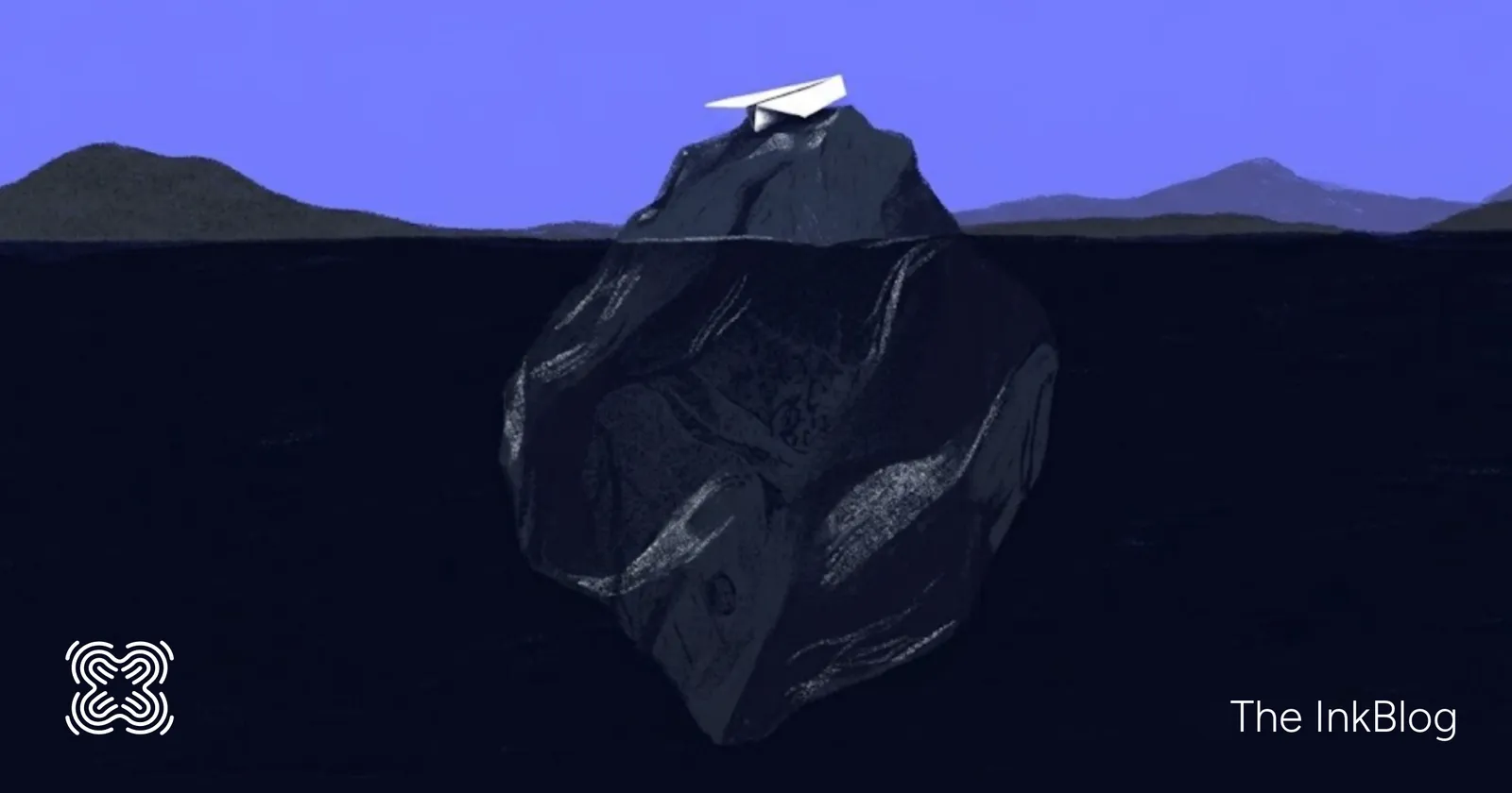 Illustration of a dark iceberg-like rock in deep navy water under a periwinkle sky, with low hills on the horizon. A small white paper airplane sits on the peak above the waterline, while most of the rock’s mass lies hidden below the surface. The InkBlog logo and name appear in the bottom corners.