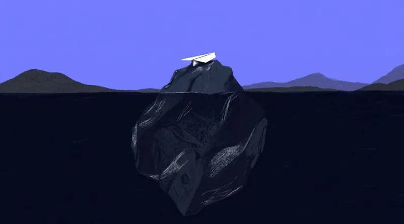 Illustration of a dark iceberg-like rock in deep navy water under a periwinkle sky, with low hills on the horizon. A small white paper airplane sits on the peak above the waterline, while most of the rock’s mass lies hidden below the surface. The InkBlog logo and name appear in the bottom corners.
