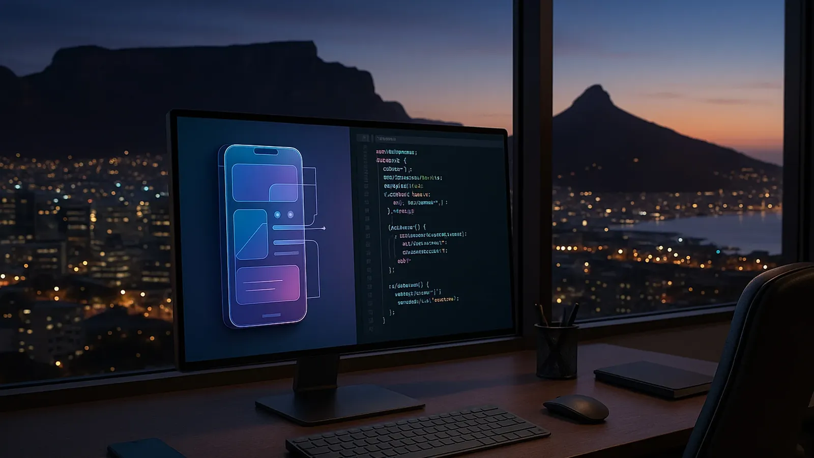 desktop showing code being written with Cape Town seen through a wind in the background