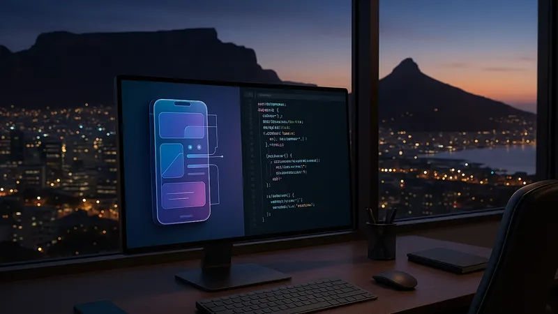 desktop showing code being written with Cape Town seen through a wind in the background
