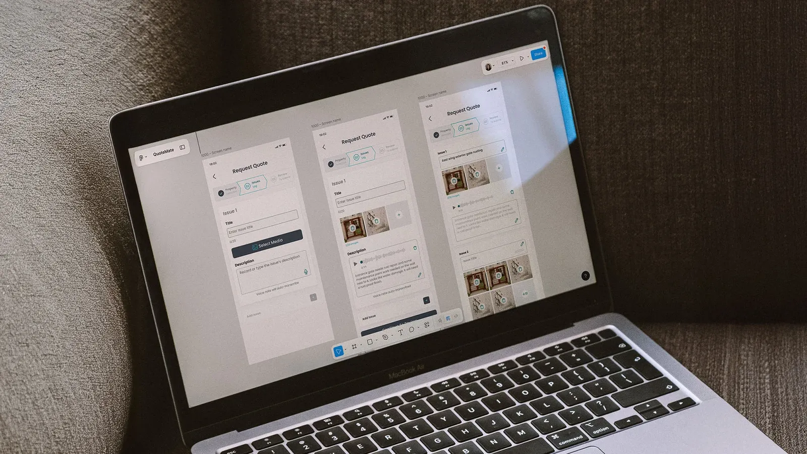 QuoteMate Figma screens on laptop mockup