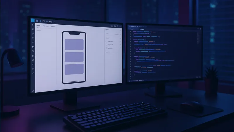 Desktop computer screens showing a UI wireframe alongside a screen of code